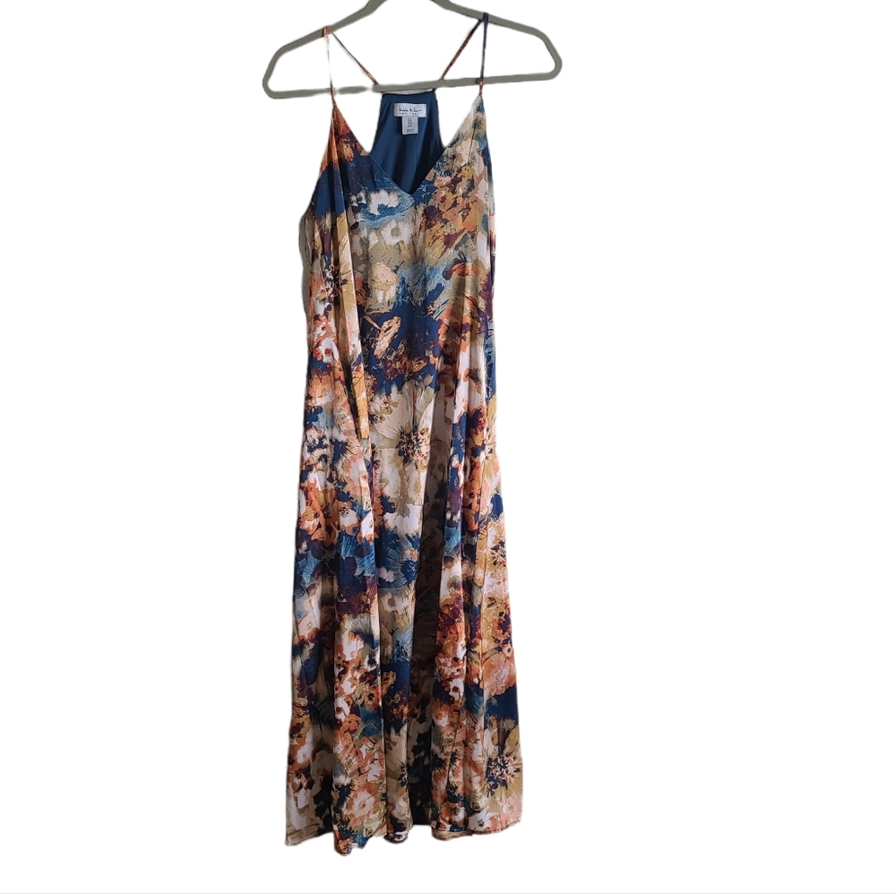 Nicole Miller Satin Silky Racerback Flowy Maxi Dress with Pockets